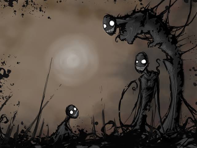 An eerie hand-drawn landscape with shadowy figures beneath a dim sky